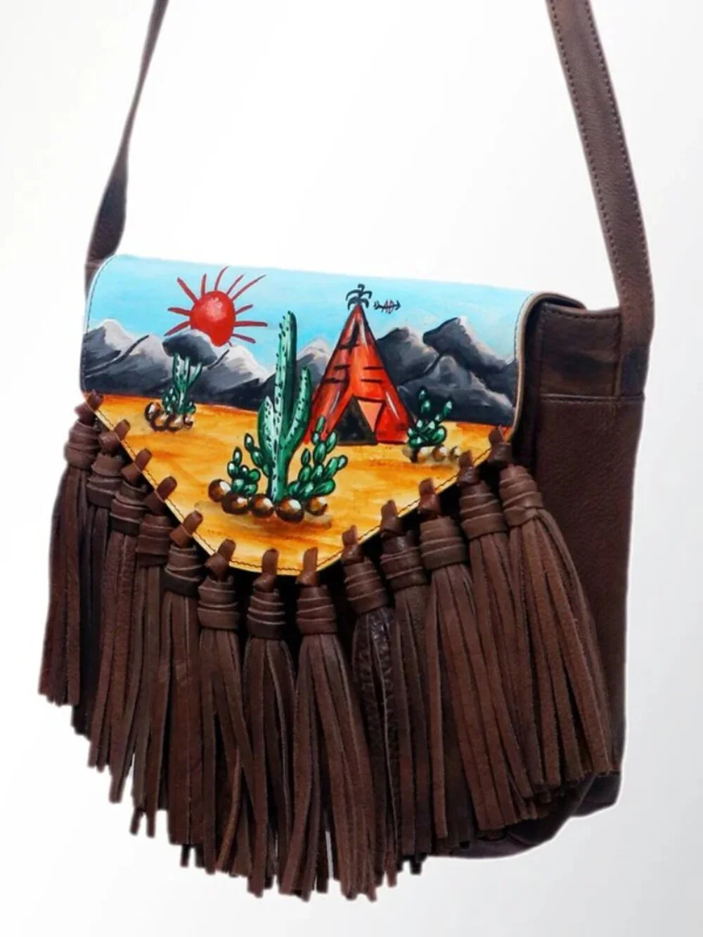 American Darling Cherokee Sunsets Fringe Hand painted Crossbody Satchel